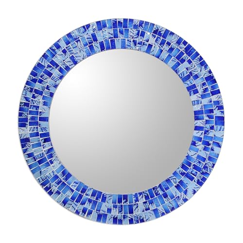 NOVICA Blue Glass Mosaic Wood Framed Round Decorative Wall Mounted Mirror, 'Tropical Fusion' (Large)