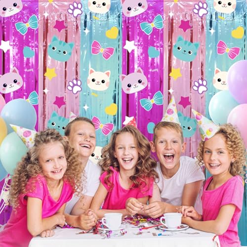 Image of Tiamon 2 Pack Cat Dollhouse Party Decorations 3.3 x 6.6 Ft Foil Fringe Curtains Cute Cat Birthday Backdrop Tinsel Streamers Photo Booth for Cartoon Doll House Baby Shower Birthday Party Supplies