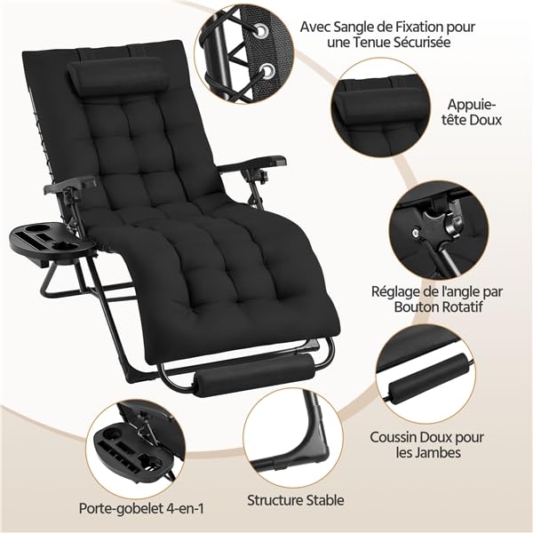 Yaheetech Transat Jardin Exterieur, Inclinable avec Rembourrage Repose Pieds Appuie-tête Amovible, résistant aux intempéries Chaise Longue Pliante Dossier, Salon de Jardin Exterieur (1, Noir)
