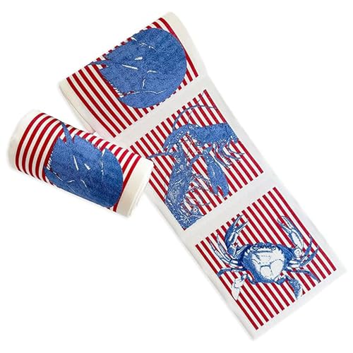 Caskata Crustaceans with Red Stripes Cocktail Napkin Roll of 50 | 100% Cotton Quick Dry Reusable | Perfect for Home Dining Birthday Gifts | Blue and White 4.5W X 4.5L