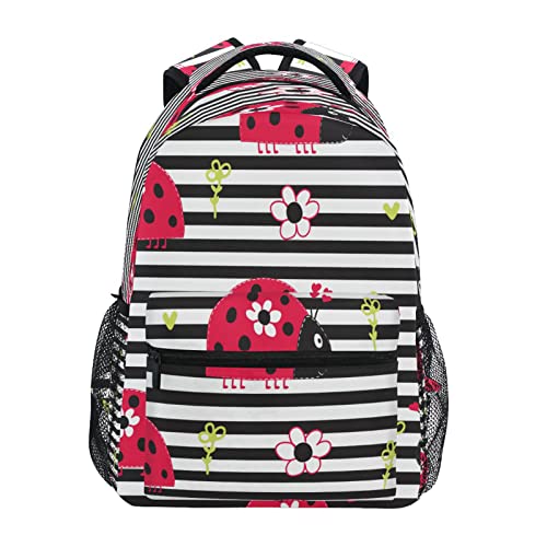 Mochila de mariquitas y flores rojas escolares juveniles