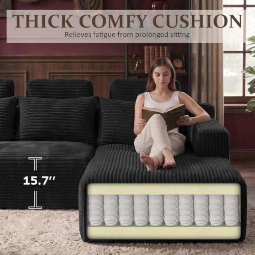 Image of Boneless Couch for Living Room, 113 inch Oversized U Shaped Modular Cloud Sofa with Deep Seat, 6 Seater Convertible Memory Foam Couches, No Assembly Plush Corduroy Sofa (Black)