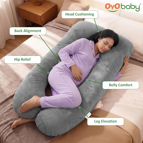 Image of OYO BABY Pregnancy Pillows for Sleeping U-Shape Full Body Pillow | Head-to-Toe Maternity Support for Back, Hips, Legs & Belly | Removable Washable Velvet Cover (Light Grey)