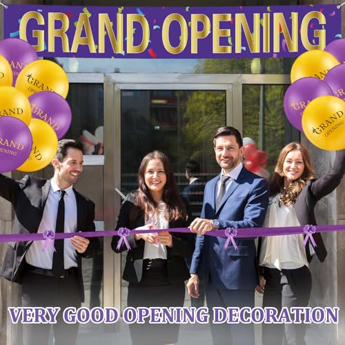 Image of Mixweer Grand Opening Ribbon Cutting Ceremony Kit Grand Opening Banner Decorations with 10'' Scissors 40 Pcs Balloons Satin Ribbon Bows and More Supplies for Business Events (Purple Gold)