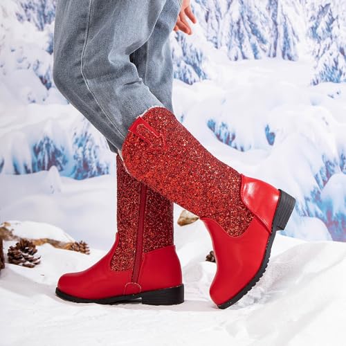 Girls Winter Boots Kids Sparkle Glitter Contrast Cowgirl Fleece Lined Warm Mid Calf Snow Boots Western Riding Shoes3