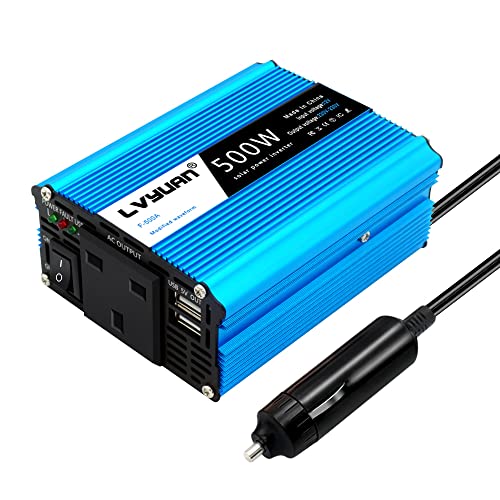 Yinleader 500W Power Inverter DC 12V to AC 230V 240V Transformer Car Charger Lighter Adapter with 3 Pin Plug and Dual USB Ports
