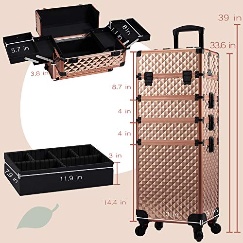 Stagiant Rolling Makeup Train Case Large Storage Cosmetic Trolley 4 in 1 Large Capacity Trolley Makeup Travel Case with Key Swivel Wheels Salon Barber Case Traveling Cart Trunk - Rose Gold