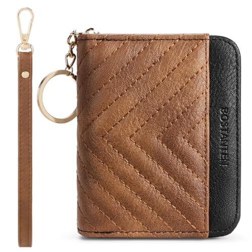 Image of BOSTANTEN Credit Card Holder Wallet RFID Blocking Leather Small Wallet for Women Zipper Keychain Wallet with Wristlet Brown&Black
