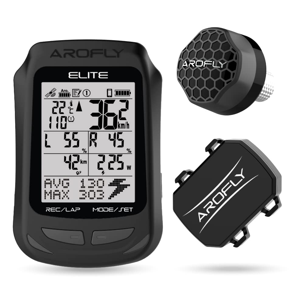 AROFLY Elite A1 GPS Cycling/Bike Computer with Power Meter and Cadence Sensor Bundle, USB Charging, LCD Backlight and HR Monitor, Pedal Ratio, Bluetooth Mobile app Connect.