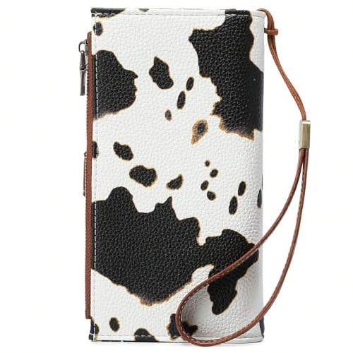Image of Women Leather Wallet Crossbody Shoulder Bag with Double Zipper and Mobile Phone Purse with Shoulder Strap