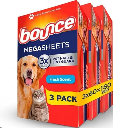 Bounce Pet Hair and Lint Guard Mega Dryer Sheets with 3X Pet Hair Fighters, Fresh Scent, 180 Count