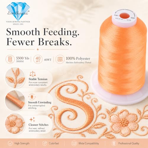 Image of Simthread 5500Yds /5000M 40WT Polyester Embroidery Thread Neon Orange S124 | Large 5000M spool feeds smoothly for home and commercial embroidery machines.