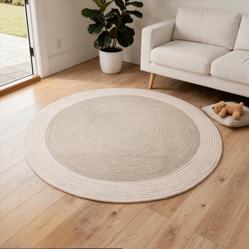 Image of Encasa XO Handmade Round Crochet Rug 2-Tone Circular Cotton Area Rug for Nursery, Bedroom & Living Room | Boho Modern Minimalist Floor Mat Natural Reversible Rugs | Beige & Off-White-1 (180 cm) | 6 Ft