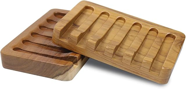 Wooden Soap Dish 2pcs by HTB, Natural Teak Wood Soap Holder, Soap container for Shower, Bathroom, Kitchen, Bath Tub, Razor, Sponges, Easy Dry Extend Soap Life by HTB