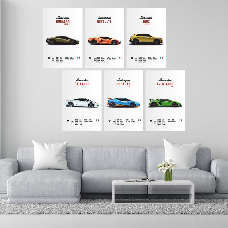 Image of POSTERONN Lambo Wall Posters Pack of 6 A4 8x12 Inch | Premium Sports Car Prints | Luxury Car Wall Art for Bedroom Living Room Office Garage | Automotive Decor with Glue Dots