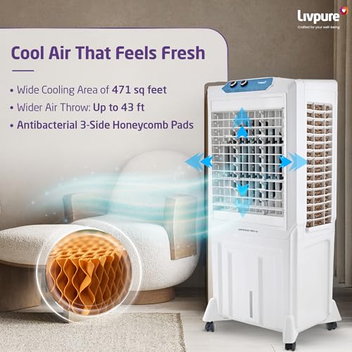 Image of Livpure Aerofrost Neo 110L Desert Air Cooler, White, Adjustable Speed, Ice Chamber, 5 Castor Wheels, Water Level Indicator, Works on Inverter