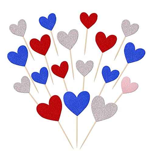 30 PCS Love Heart Cupcake Toppers Glitter Sweet Love Cupcake Picks Wedding Engagement Bridal Shower Cake Decorations for Valentine's Day Baby Shower Birthday Party Supplies Blue Red Silver
