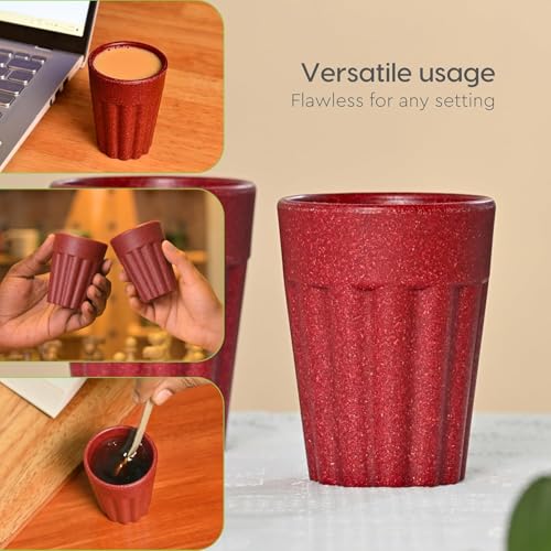 Image of Set of 6 Eco-Friendly Cutting Chai Cups | 100ml Reusable Coffee & Tea Cups | Rice Husk & Bamboo Fiber | Microwave & Dishwasher Safe | Hot & Cold Beverages (Coral Color)