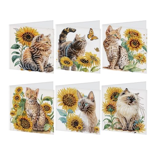 Carte diamant à faire soi-même kit lot de 6 chats et tournesols pour vœux et anniversaire