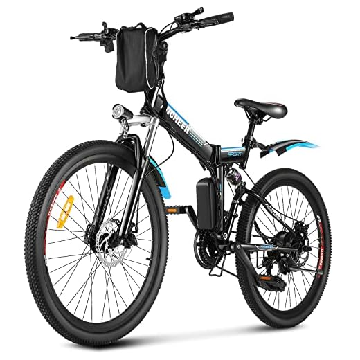 ANCHEER 26'' Folding Electric Bike for Adults Power Motor Up to 20MPH, Electric Bicycle Removable Battery 15-30 Miles, Adults Mountain E-Bike Full-Suspension, 21-Speed Gears(Black)