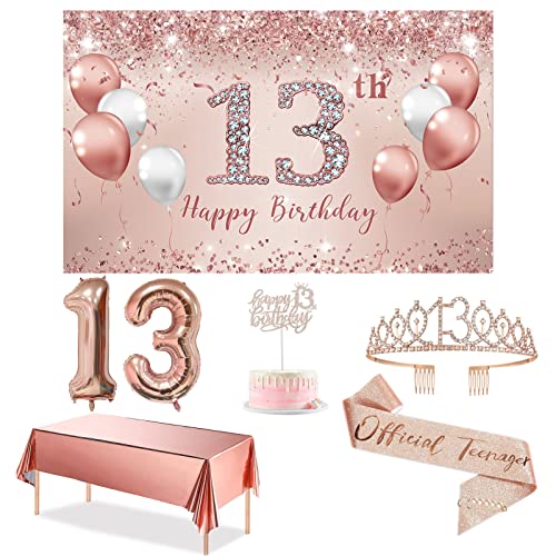 Trgowaul 13th Birthday Decorations Party Set for girls, Rose Gold 13 Birthday Banner and Tablecloth, 13 & Fabulous Sash and Tiara, 1PC Happy 13th Birthday Cake Topper, Pink Gold 13 Number Balloons