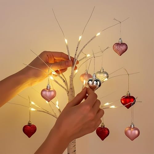 Miniatura 6 de Árbol de abedul iluminado para el día de San Valentín con adornos de corazón, lámpara LED romántica de árbol de ramita de abedul de mesa, 24 luces