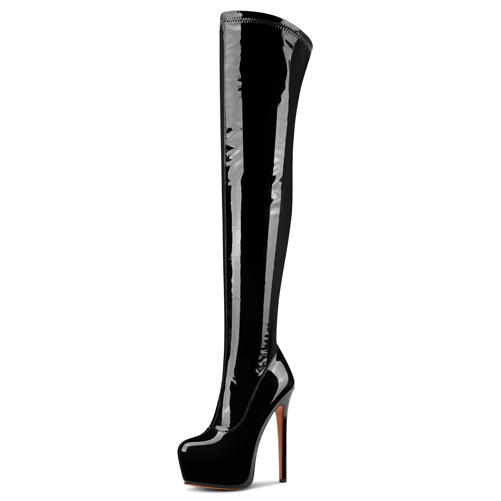 Aachcol Patent Leather Over The Knee Stiletto Boots Platform Thigh High Boots Round Toe Side Zipper Sexy Dress High Heel Boots 5.9 Inches Heels