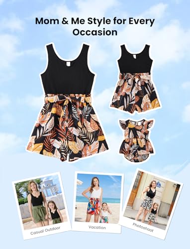 Image of PATPAT Mom and Daughter Matching Jumpsuits - Black Tank Top with Floral Wide-Leg Shorts