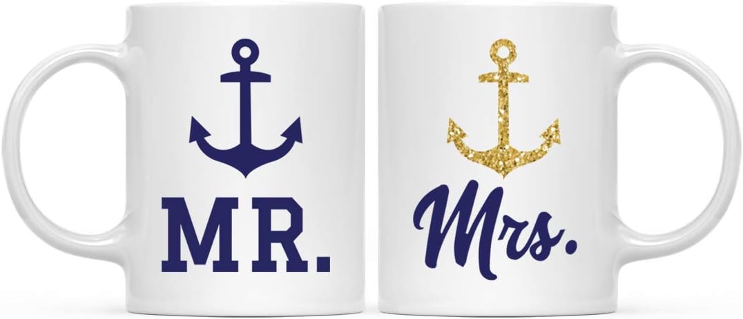 Andaz Press Wedding Party Couple 11oz. Coffee Mug Gift, Captain, First Mate, Nautical Theme Anchor Navy Blue Faux Gold Glitter, 2-Pack, Birthday Bridal Shower Bachelorette Present Ideas