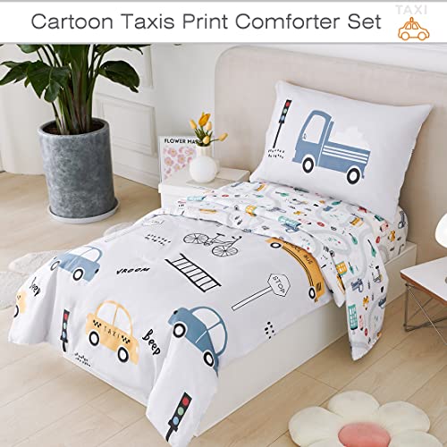Image of PERFEMET 4 Pcs Toddler Bedding Set - Soft Reversible Cars, Bus, Trucks Print Toddler Bed Set for Boys & Girls - Matching Sheet Set (Light Grey, Taxis /Bus /Trucks)
