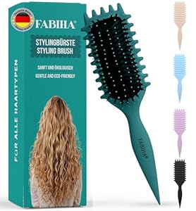 FABIHA® 𝐏𝐑𝐄𝐌𝐈𝐔𝐌 Lockenbürste - Curly Hair Brush - Bio Haarbürste ohne ziepen - Wildschweinborsten Bürste - Die Originale 3-in-1-Stylingbürste für trendige Lockenfrisuren (Blaugrün)