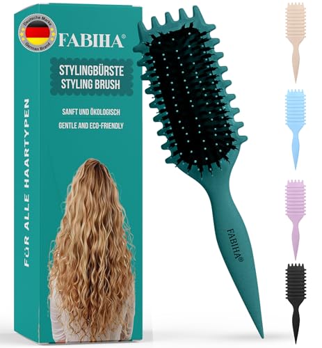 FABIHA® 𝐏𝐑𝐄𝐌𝐈𝐔𝐌 Lockenbürste - Curly Hair Brush - Bio Haarbürste ohne ziepen - Wildschweinborsten Bürste - Die Originale 3-in-1-Stylingbürste für trendige Lockenfrisuren (Blaugrün)