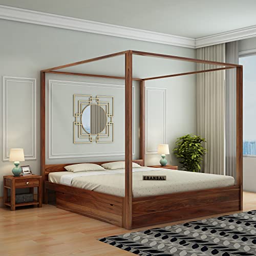 Image of Solid Sheesham Wood Queen Size Poster Bed 2 Drawer Storage for Bed Room Living Room Home Wooden Double Bed Palang Solid Wood Bedroom Furniture for Hotel (Honey Finish)