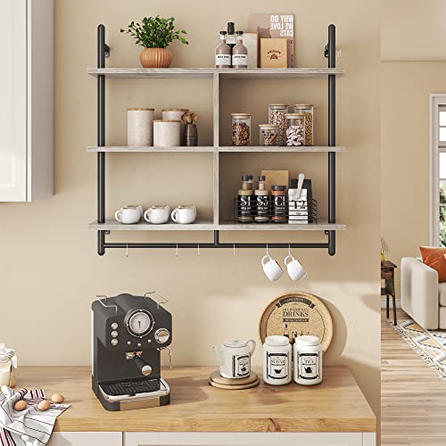 Bestier 41.5" Floating Pipe Shelving, 3 Tier Industrial Wall-Mounted Ladder Shelf Hanging With Circular Tube, Wood Display Bookshelf Storage For Living Room Kitchen Balcony, Retro Grey #TOP4