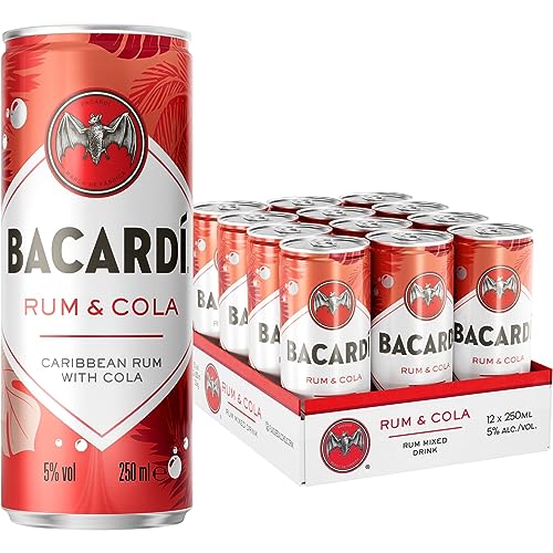 BACARDÍ & Cola es un cóctel enlatado, ALC. 5 %, 12 x 25 cl / 250 ml, listo para beber, elaborado con ron BACARDÍ Carta Blanca y mezclado con cola