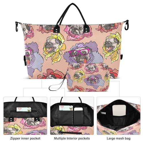 Dog Pug Flower Pattern Duffle Bags for Women Men Waterproof Weekender Overnight Bags Hospital Bag Large Tote Bag with Toiletry Bag for Yoga Gym Travel Sport Hospital2