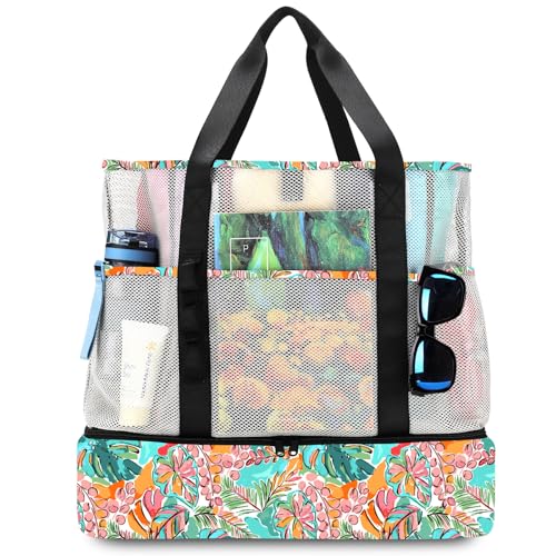 Image of Beach Bag with Cooler,Mesh Beach Bags for Women Sandproof for Pool and Swimming Travel Daily with Durable 8 Pocket