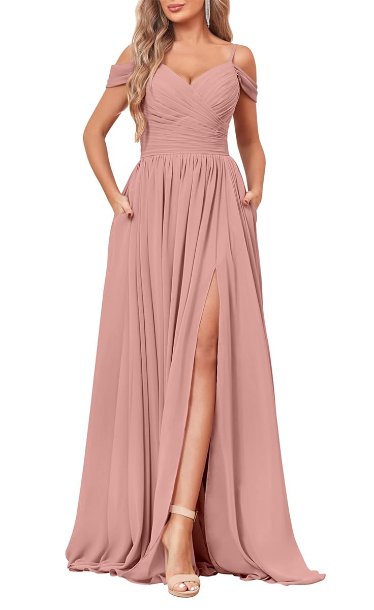 Yiann Women's Dusty Rose Off The Shoulder Dresses For Formal Gown With Pockets Bridesmaid Dress Wrap Slit Prom Dress Long Uk10