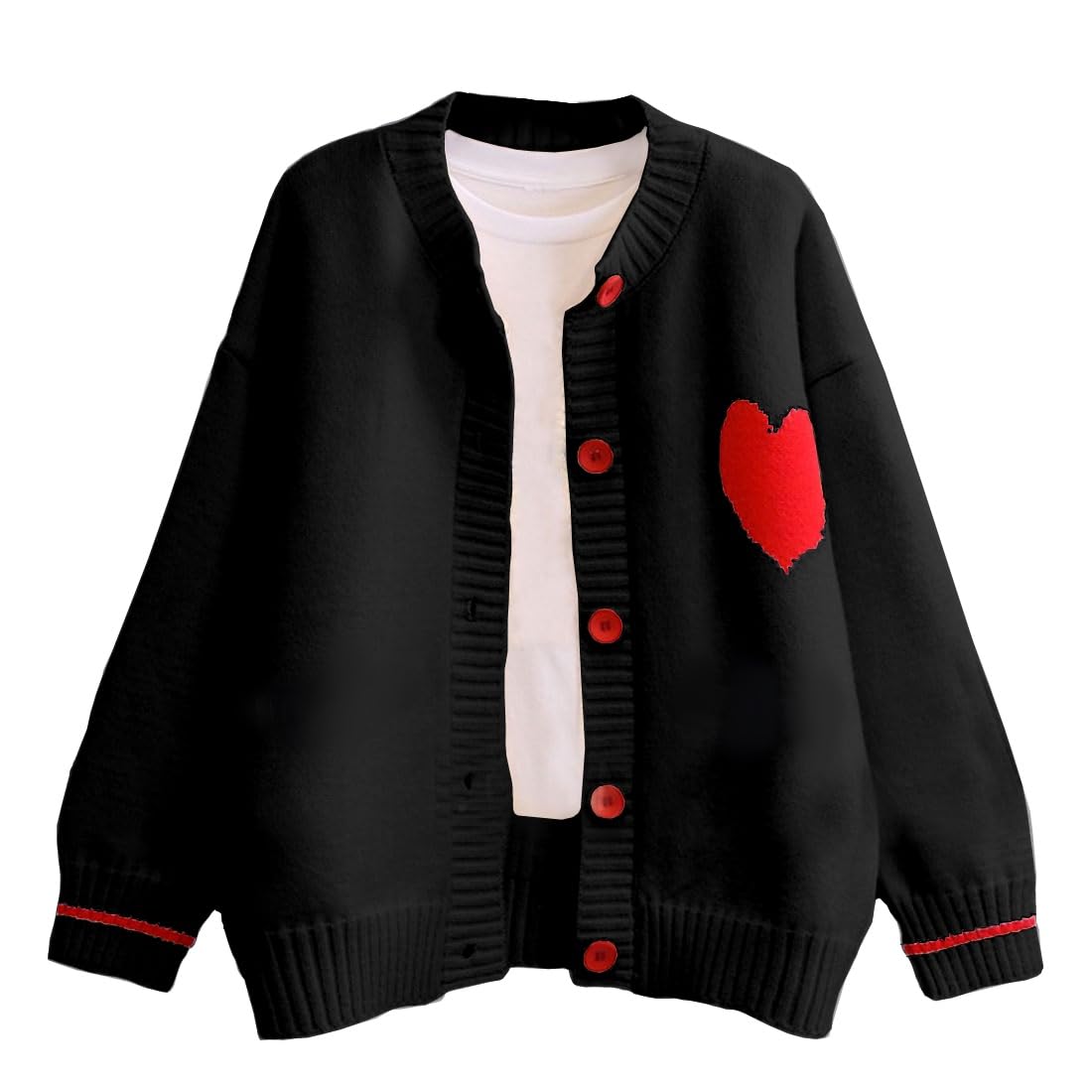 FindThy Womens Cute Cardigan Sweater Kawaii Love Heart Print Y2K Button Knitted Outerwear