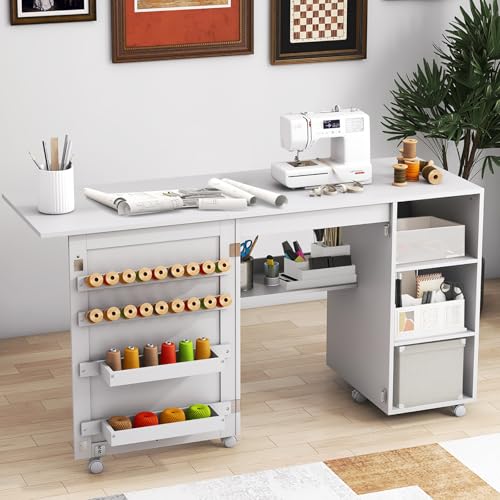Giantex Armario De Costura Plegable Con 6 Ruedas, Mesa De Coser Con 3 Estantes Abiertos Y 18 Portacarretes, 146x50x78 Cm, Mesa Multiusos 2 En 1 Para Dormitorio, Salón Y Estudio, Blanco