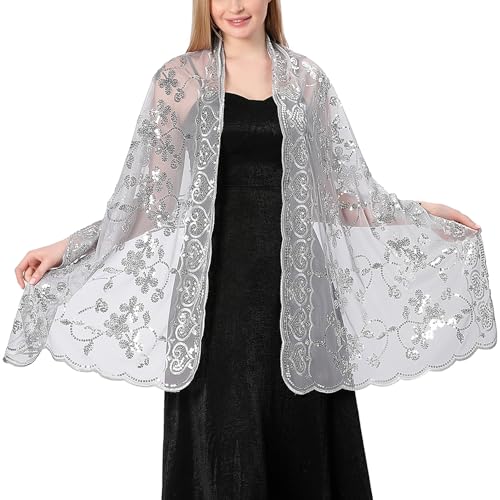 Ladiery Sequin Floral Shawls and Wraps for Evening Dresses,Women sparkly Sheer Mesh Wedding Shawls for Evening Party2