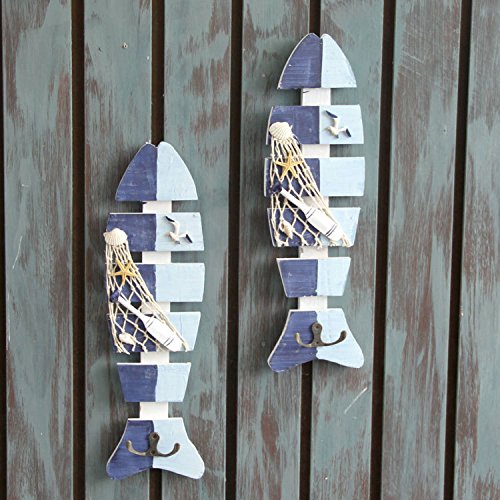 OLizee® Beach Themed Wall Hooks Towel Hat Coat Hangers Rustic Wall Decorations (Set of 2 Blue Fish) - Image 5