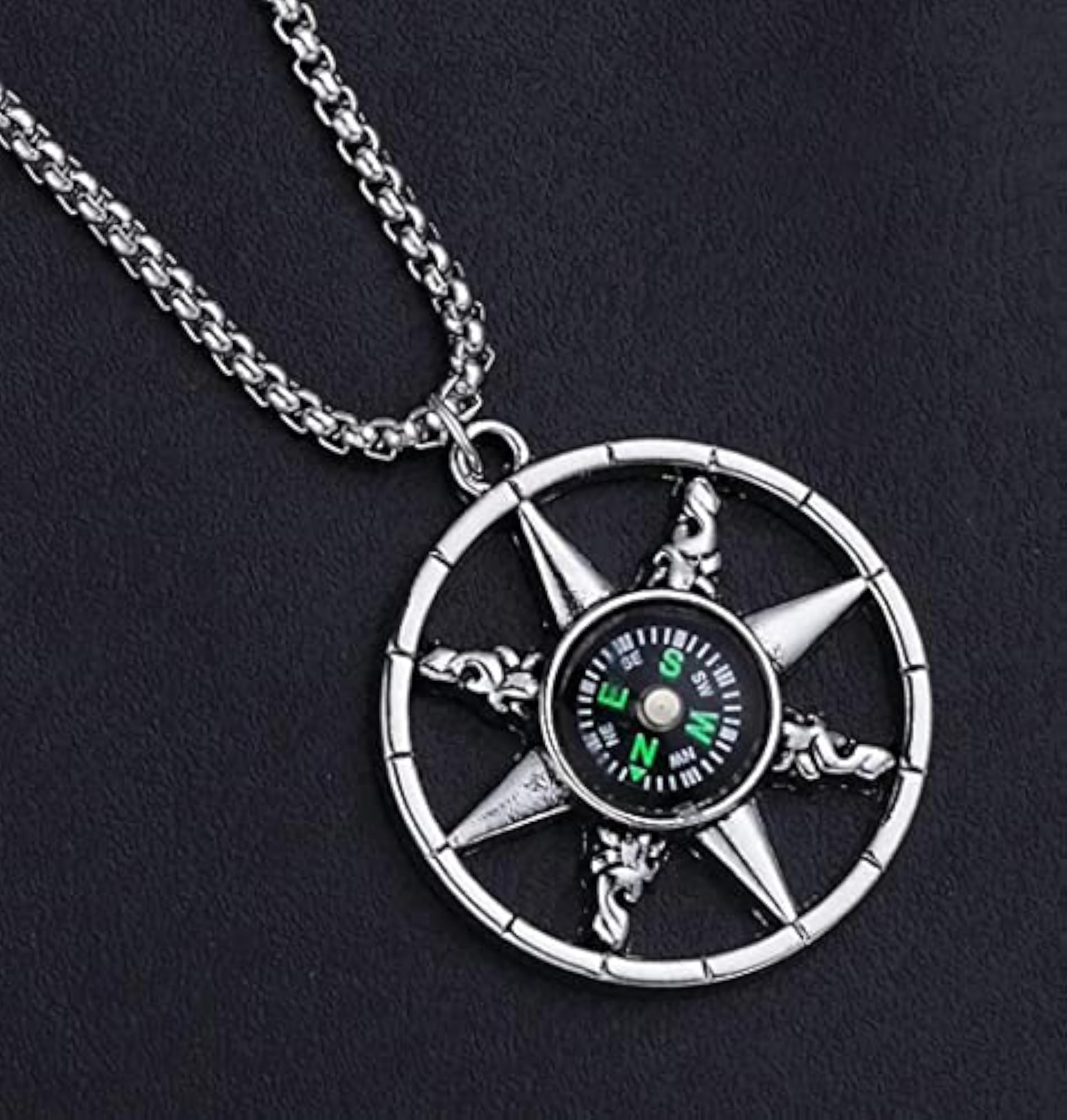 Stainless Steel Rotatable Compass Wheel Pendant Necklace