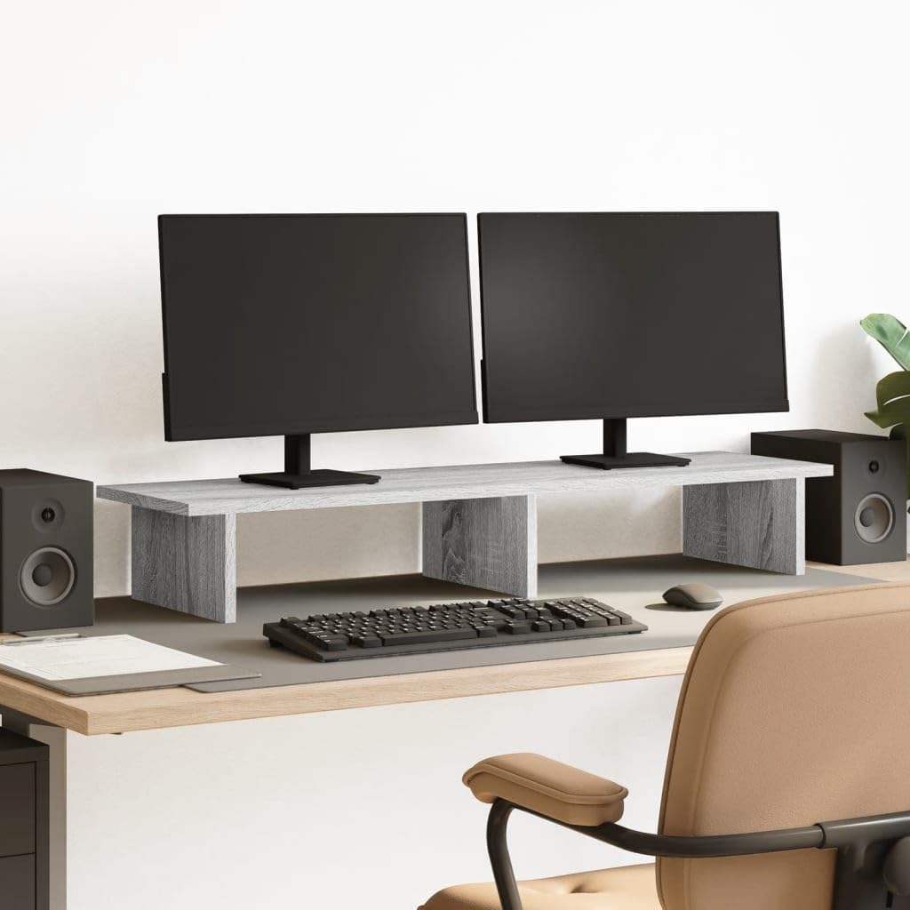 Supporto per monitor grigio Sonoma, 100 x 27 x 15 cm, in legno, ergonomico, regolabile in altezza, per ufficio e home office, con vano cavi e cassetto, compatibile con laptop, PC, notebook