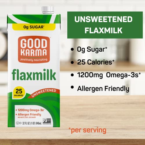 Good Karma Unsweetened Flaxmilk, 32 Ounce (Pack of 3), 0g Sugar + 1200mg Omega-3 Per Serving, Plant-Based Non-Dairy Milk Alternative, Lactose Free, Nut Free, Vegan, Shelf Stable