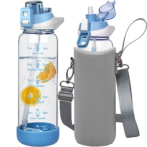 Seekua 800ml Glass Water Bottle with Straw & Time Markings BPA free Motivational Glass Drinking Bottle Leakproof