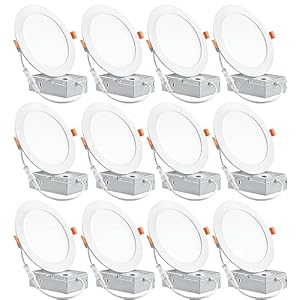 12 Pack recessed lighting 6 inch,led ceiling lights 6 inch with Junction Box, 6500K Daylight, 12W 110W Eqv, Canless Wafer Downlight, 1050LM High Brightness ,Easy to install Can-Killer Downlight