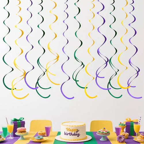 Image of 36 Pcs Green Yellow Purple Hanging Swirl Decorations Felt Swirl Streamer Spiral Ceiling Garland Banner for Mardi Gras Masquerade Theme Birthday Wedding Engagement Party Decor Supplies