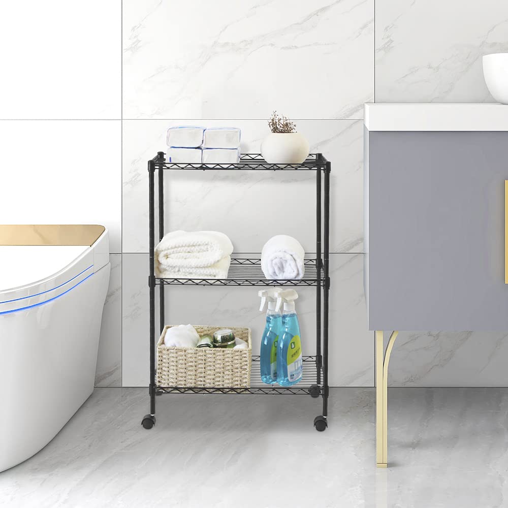 Scaffali regolabili in metallo a 3 ripiani su ruote, versatile scaffalatura in filo metallico per cucina, garage e dispensa, compatta, 40 cm x 22 cm x 71 cm, finitura nera