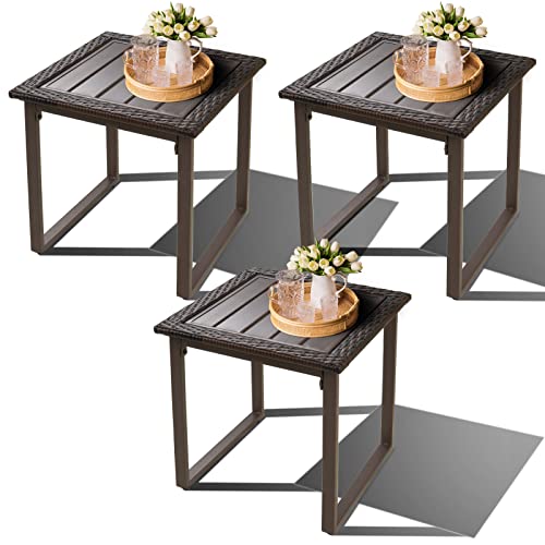 Fyrickylinoo Outdoor Wicker Side End Tables For Patio Set Of 3 All Weather Small Patio Steel Farme Square Bistro Coffee Table Set Rattan Furniture Table For Porch Balcony Pool, Brown #TOP20